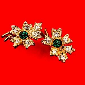 Elegant Gold and Green Floral Crystal Screw back Earrings